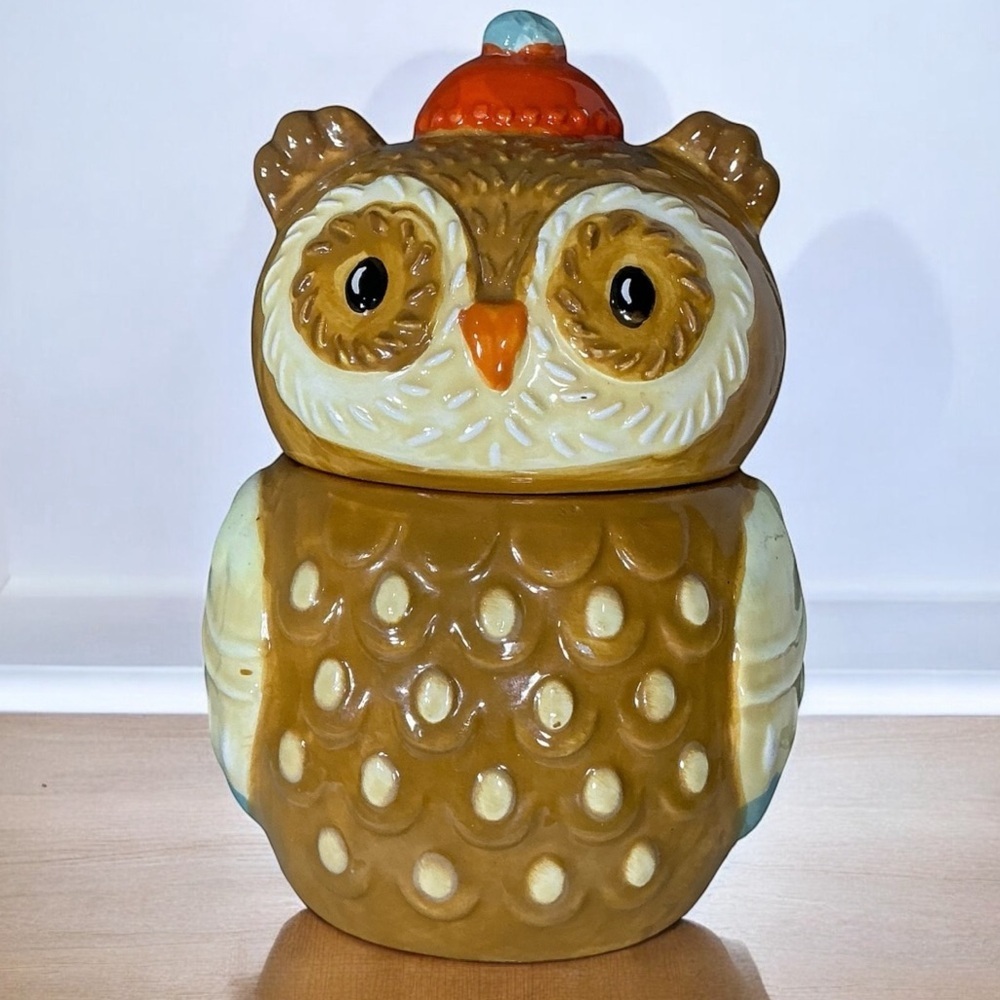 Owl Jar Vintage Ceramic Canister Trinket Storage Hand Painted Functional Art